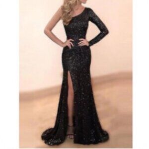 Black Sequins One Shoulder Gown